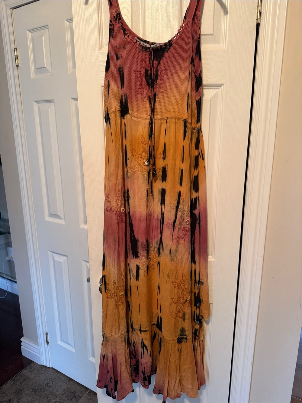 Boho Tie-Dye Maxi Dress in Mustard and Rose with Black Accents